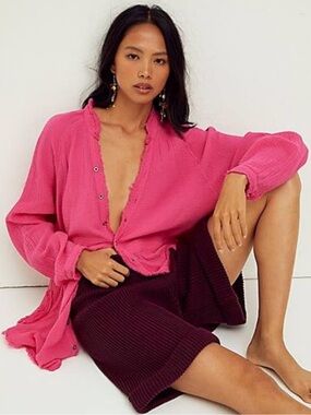 NEW Free People We The Free Summer Daydream Button Down Shirt  Pink Oversized 22